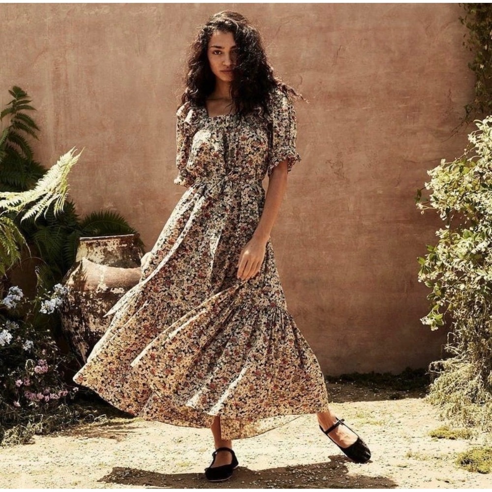 Doen Floral Ruffle Maxi Dress XS Puff Sleeve Square Neck Boho Cottage Bramble